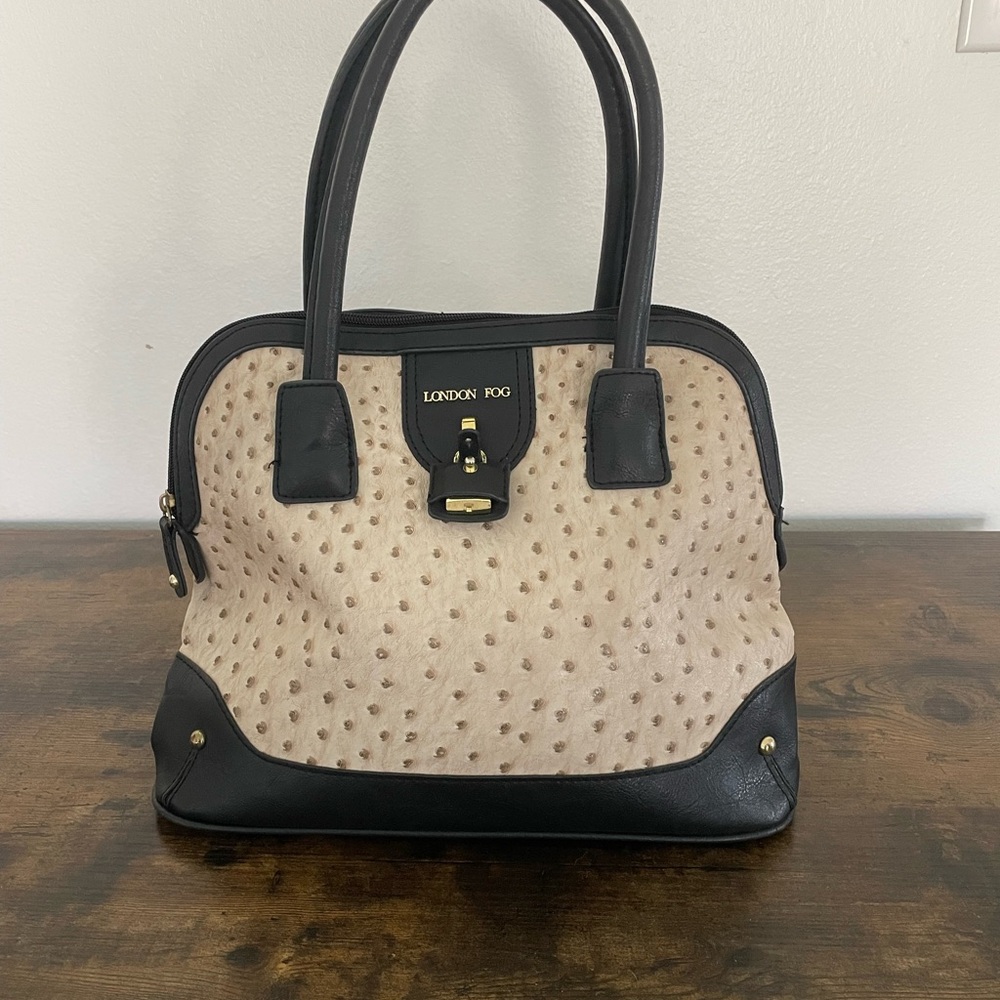 LONDON FOG Cream and Black Satchel with Gold Hardware‎ Faux Ostrich